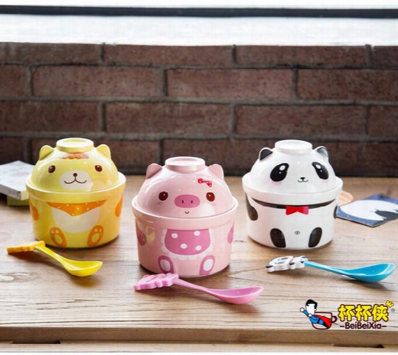 Cute Animal Instant Noodles Bowl With Cover Cartoon Adorable Ceramic Tableware Large Bowl Creative Students Soup Bowl
