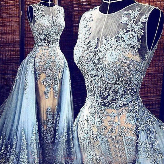 Elie Saab Evening Gowns Lace Applique Detachable Train Celebrity Party Prom Evening Dresses With Pearls Light Blue Red Carpet Dress