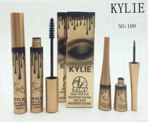 Hot New Makeup Kylie Gold Birthday Package Waterproof Slim Dense Curling Waterproof Mascara And Eye Liner Set Dhl Free Shipping