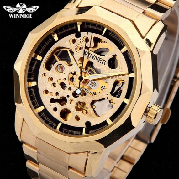 New Fashion Winner Brand Automatic Mechanical Watches Men Stainless Steel Gold Skeleton Dial Self Wind Automatic Watch Wholesale