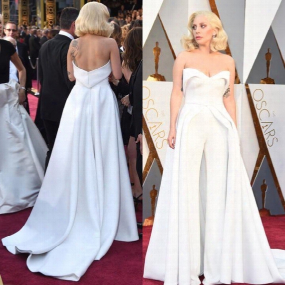 Unique 88th Oscar Lady Gaga Red Carpet Dresses 2017 White Pants Jumpsuit Outffits Stain Evening Celebrity Gowns