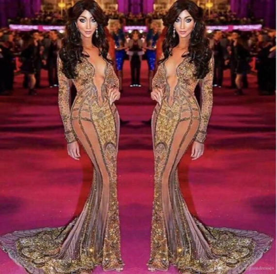Yasmine Petty Walk The Red Carpet Mermaid Prom Dresses New Long Sleeve See Through 2017 V Neck Formal Evening Dresses